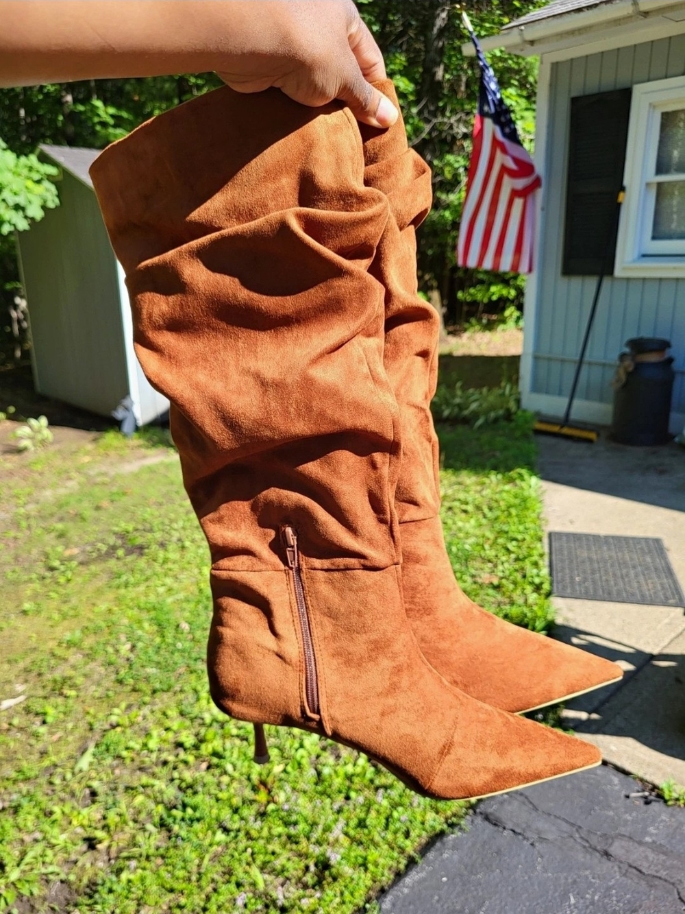 Cognac Brown Faux Suede Slouch Boots Pointed Toe Kitten Heel Mid Calf Tall | 9